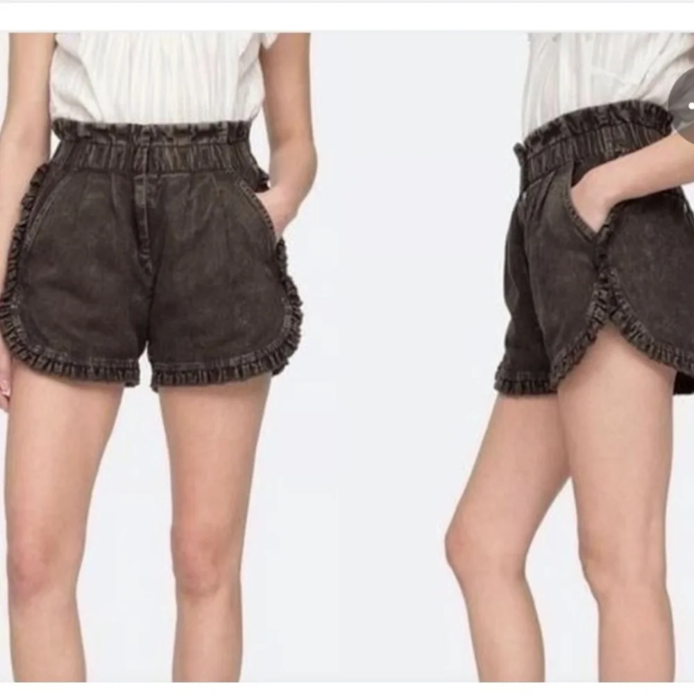 Sea New York Idun High Waisted Acid Wash Ruffle Denim Shorts Gray